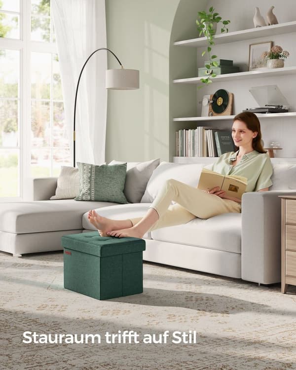 Rootz Vintage Green Storage Ottoman - Jalkatuki jakkara - Ottomaanien penkki - MDF - Pellava - Erittäin kestävä vaahto - 31 cm x 41 cm x 31 cm