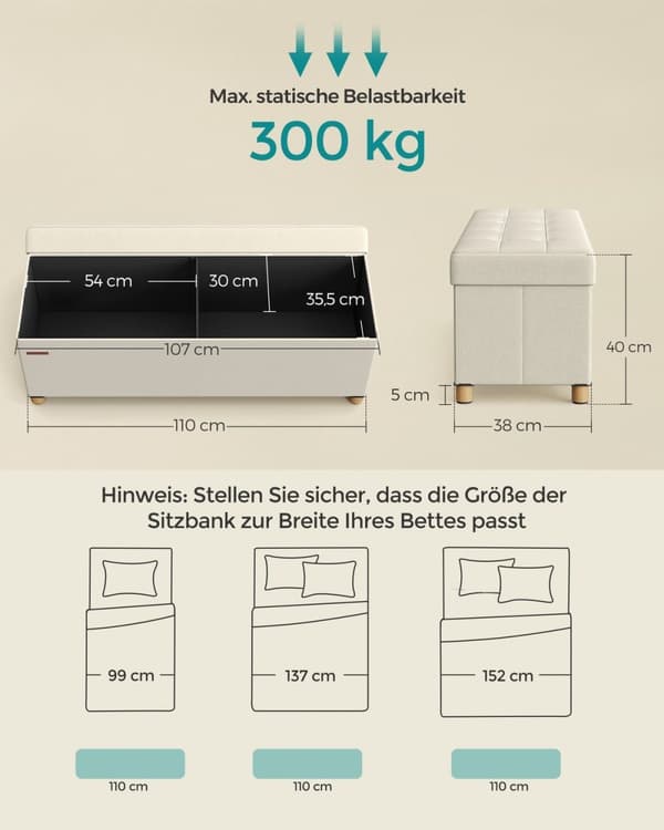 Rootz Storage Ottoman Bänk - Sittbröst - Fotstöd - MDF - Imiterat linne - 25D skum - 38cm x 110cm x 40cm