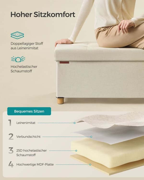 Rootz Storage Ottoman Bänk - Sittbröst - Fotstöd - MDF - Imiterat linne - 25D skum - 38cm x 110cm x 40cm