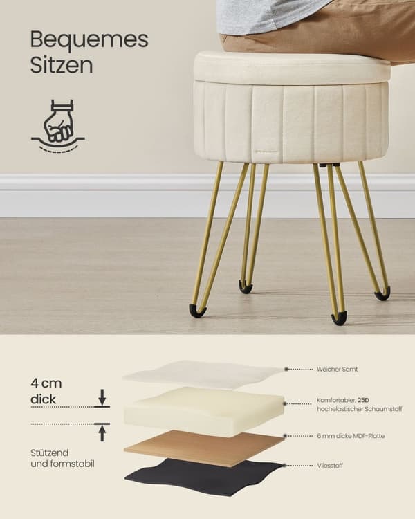 Rootz Velvet Ottoman skammel - Cremehvid - Rundt sæde - Polstret fodstøtte - Kompakt design - 39 cm D x 44,4 cm H