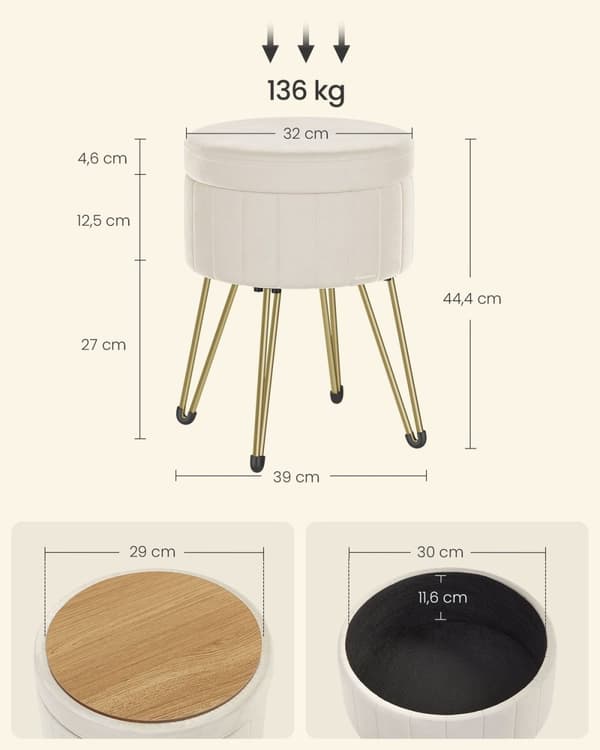 Rootz Velvet Ottoman skammel - Cremehvid - Rundt sæde - Polstret fodstøtte - Kompakt design - 39 cm D x 44,4 cm H