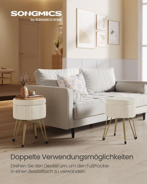 Rootz Velvet Ottoman skammel - Cremehvid - Rundt sæde - Polstret fodstøtte - Kompakt design - 39 cm D x 44,4 cm H