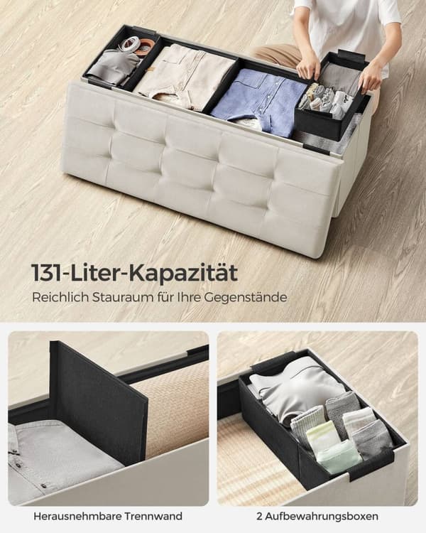 Rootz Velvet -istuinarkku - Säilytyspenkki - Ottomaanit - MDF-rakenne - 38 cm x 110 cm x 38 cm - Kermanvalkoinen - Tilavuus 131 litraa