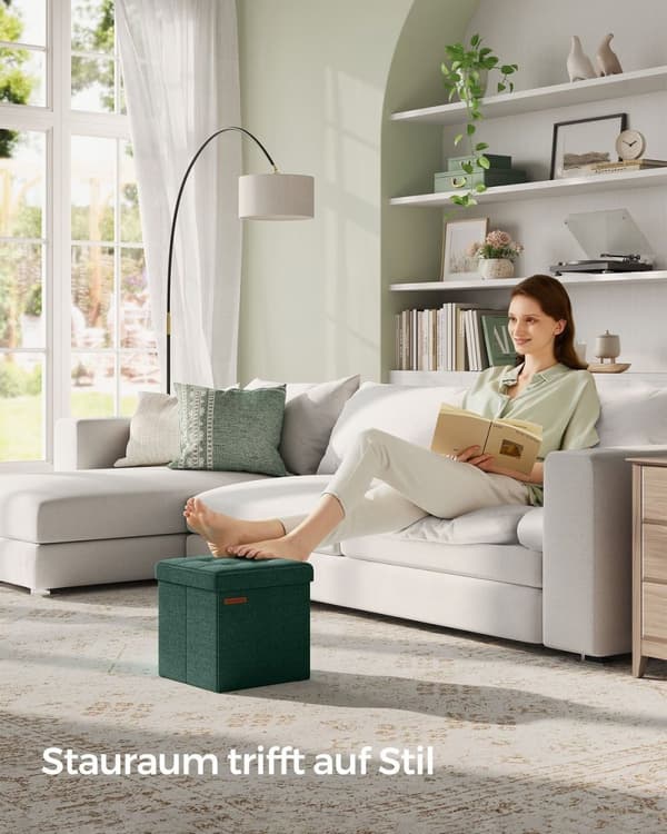 Rootz Vintage Grøn sædekiste - Opbevaring Ottoman - Fodstøtte - MDF imiteret linned - 25D skum - 30 cm x 30 cm x 30 cm - 1,6 kg - 130 kg Kapacitet