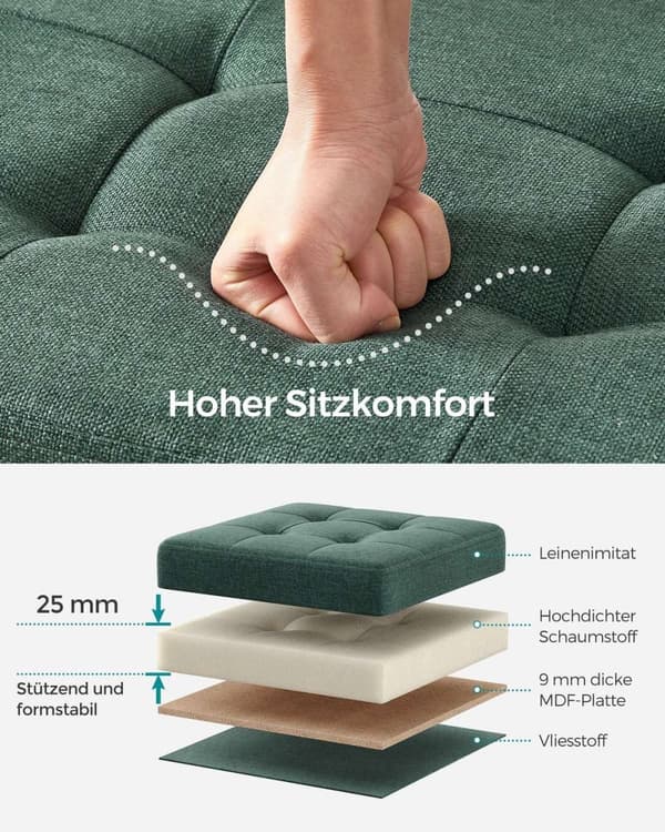 Rootz Vintage Green Seat Rinta - Säilytys ottomaani - Pehmustettu jakkara - MDF-rakenne - 38cm x 76cm x 38cm