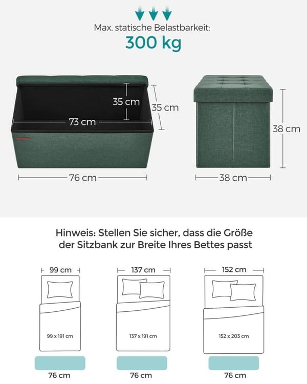 Rootz Vintage Green Seat Rinta - Säilytys ottomaani - Pehmustettu jakkara - MDF-rakenne - 38cm x 76cm x 38cm