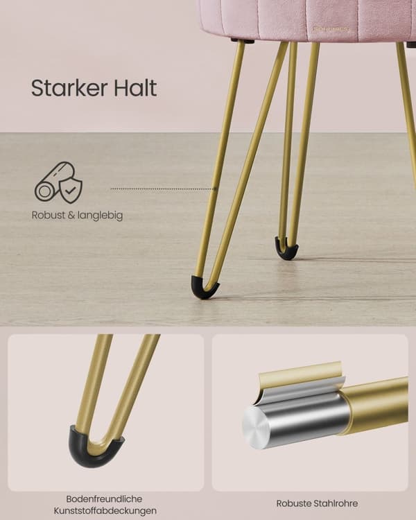 Rootz Velvet Vanity Stool - Meikkituoli - Pyöreä istuin - Mukava pehmuste - 39 cm x 44,4 cm - Pastellinpunainen