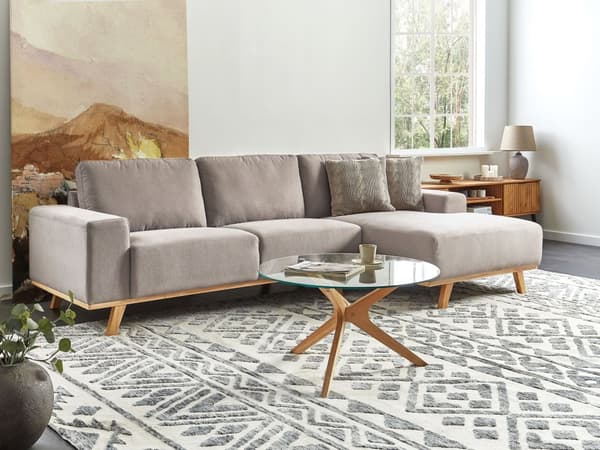 Hörnsoffa Taupe Klädsel Polyestertyg Ljusa Träben Kudde Ryggstöd Modern Design