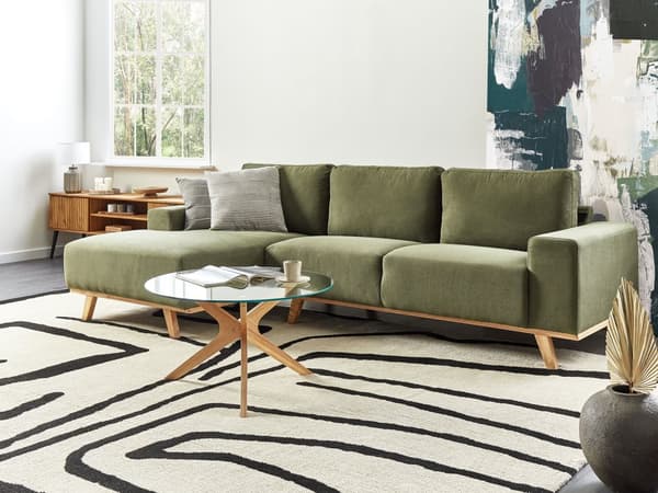 Hörnsoffa Grön Klädsel Polyestertyg Ljusa Träben Kudde Ryggstöd Modern Design