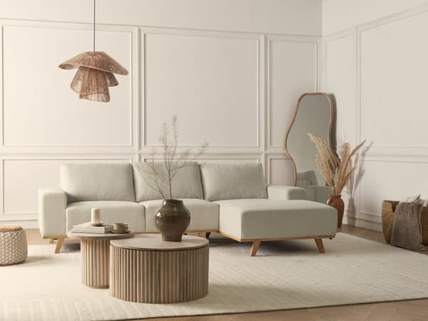 Hörnsoffa Beige Klädsel Polyestertyg Ljusa Träben Kudde Ryggstöd Modern Design