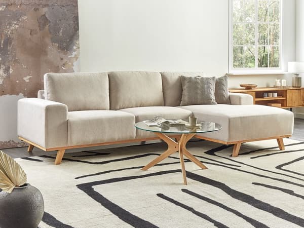 Hörnsoffa Beige Klädsel Polyestertyg Ljusa Träben Kudde Ryggstöd Modern Design