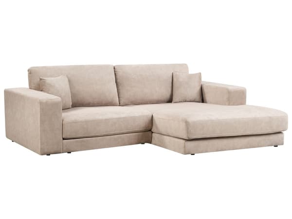 Hjørnesofa med Chaiselong Beige Velour 3 Personers Sofa L Formet Dyb Sofahjørne Siddemøbel Blød Stofsofa Venstrevendt Flydersofa