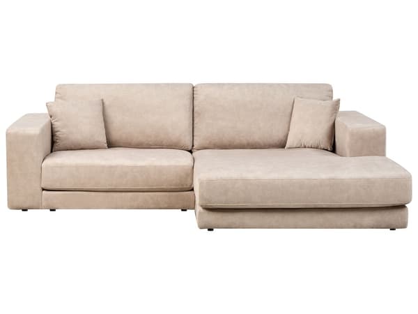Hjørnesofa med Chaiselong Beige Velour 3 Personers Sofa L Formet Dyb Sofahjørne Siddemøbel Blød Stofsofa Venstrevendt Flydersofa