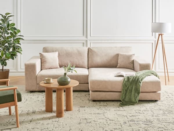 Hörnsoffa Vänster 3-sits Soffa Beige Sammet Klädsel Extra kuddar Minimalistisk Modern Stil