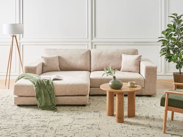 Hörnsoffa Höger 3-sits Soffa Beige Sammet Klädsel Extra kuddar Minimalistisk Modern Stil