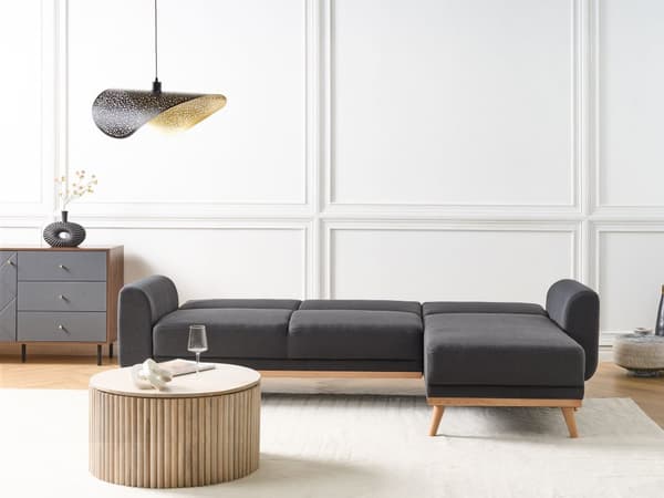 Hörnsoffa Vänster Svart Klädsel Polyestertyg Ljusa Träben Kuddar Modern Design Bäddsoffa