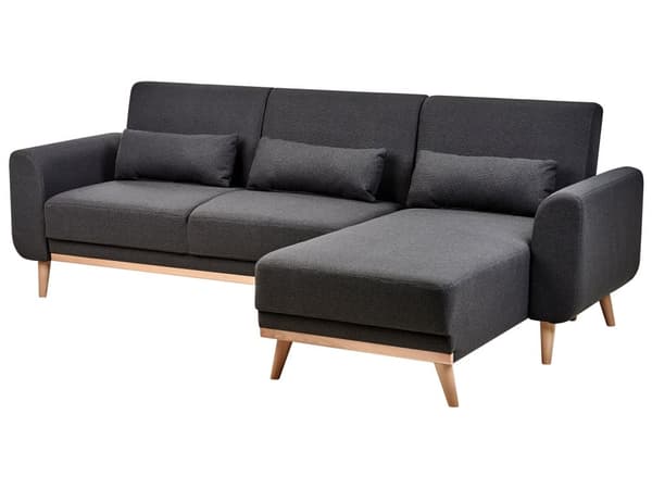 Hörnsoffa Vänster Svart Klädsel Polyestertyg Ljusa Träben Kuddar Modern Design Bäddsoffa