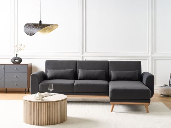 Hörnsoffa Vänster Svart Klädsel Polyestertyg Ljusa Träben Kuddar Modern Design Bäddsoffa