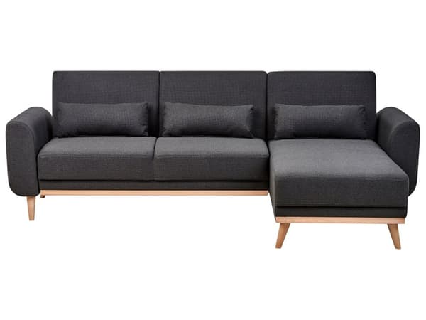 Hörnsoffa Vänster Svart Klädsel Polyestertyg Ljusa Träben Kuddar Modern Design Bäddsoffa
