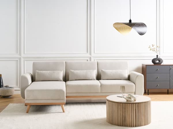 Hörnsoffa Höger Ljusbeige Klädsel Polyestertyg Ljusa Träben Kuddar Modern Design Bäddsoffa