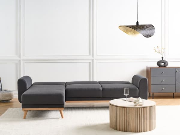 Sovesofa med Chaiselong Sort Polyester 3 Personers Sofa L Formet Hjørnesofa Dyb Sofaseng Blød Stofsofa Design Hjørnesovesofa Højrevendt
