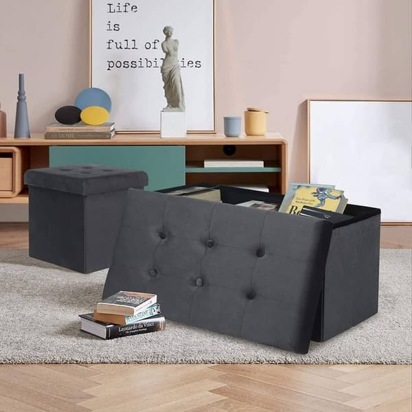Rootz hopfällbar förvaringslåda - ottomansk bänk - sammetsklädsel - 80L kapacitet - 76 cm x 38 cm x 37,5 cm - Max belastning 300 kg