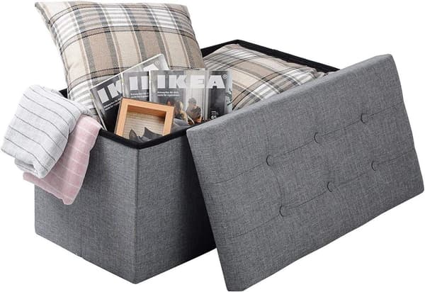 Rootz foldbar opbevaringsskammel med låg - linned Ottoman - Stor kapacitet - Pladsbesparende - Komfortabelt sæde - 76 cm x 38 cm x 37,5 cm
