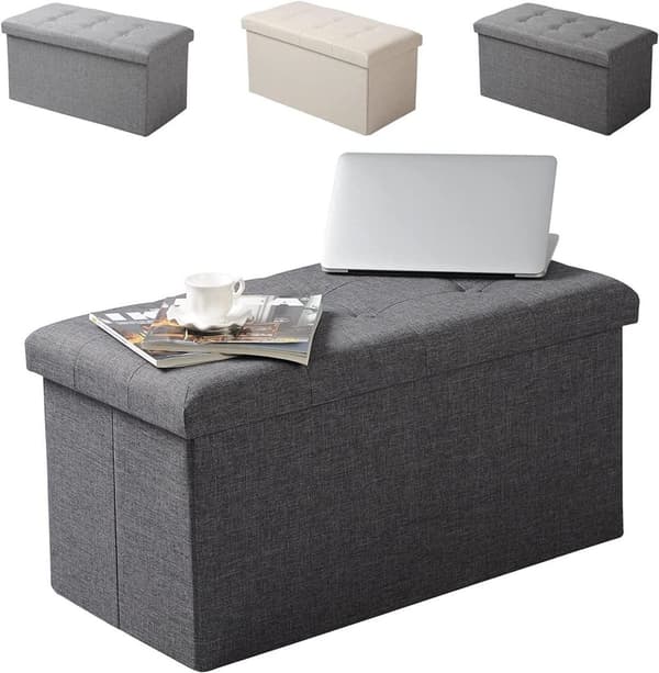 Rootz hopfällbar förvaringslåda Ottoman - Linnepall - Fotpall - Stor kapacitet - 76cm x 38cm x 37,5cm - Mörkgrå Ljusgrå Krämvit