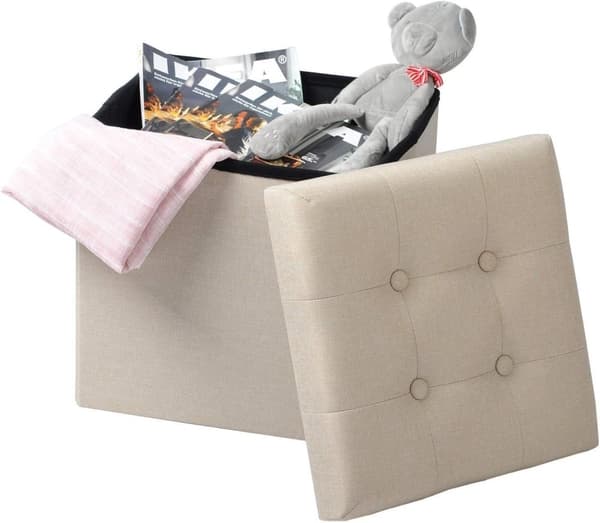 Rootz Pall med förvaring - Förvaringsbänk - Vikbar ottoman - Linnetyg - 37,5 cm x 38 cm x 37,5 cm - Utrymmesbesparande - Andas - 38L förvaring