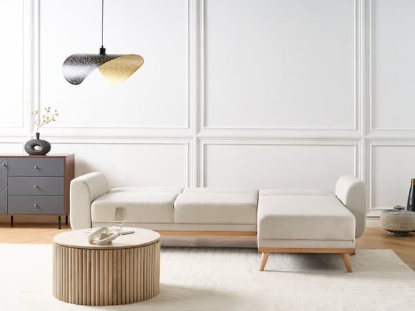Hjørnesofa Lys Beige Polstring Polyester Stoff Lette Treben Puter Moderne Design