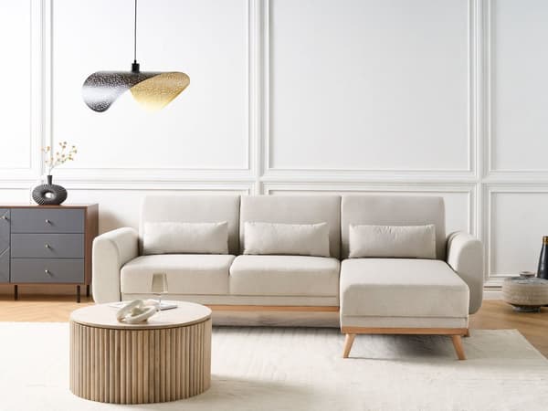 Hjørnesofa Lys Beige Polstring Polyester Stoff Lette Treben Puter Moderne Design