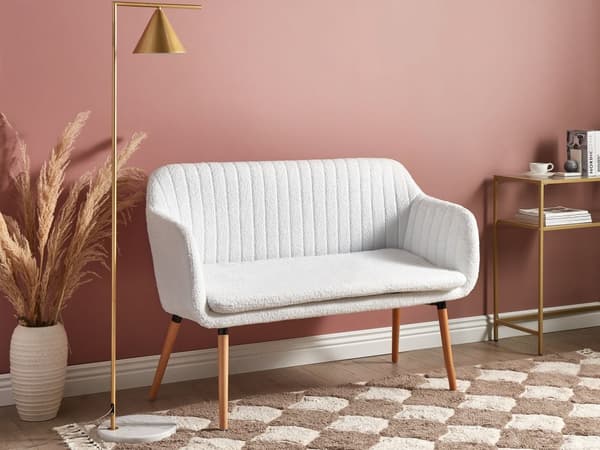 Köksoffa Off-White Boucléklädsel 2-sits Metallram Ben Ljust Trä Bänk