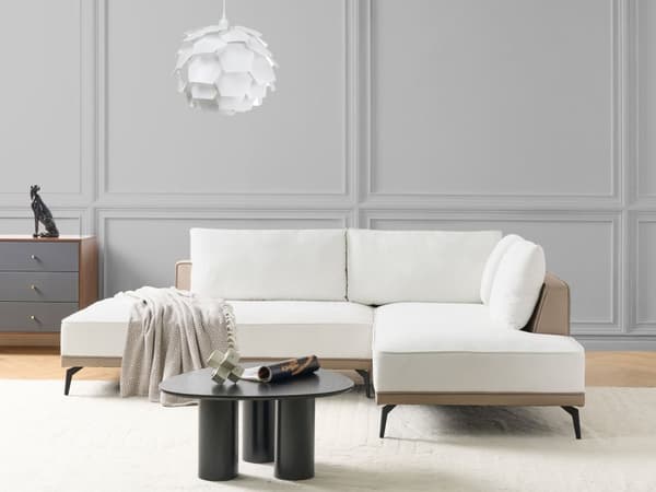 Hörnsoffa Vänster Off-White Taupe Polyester Konstläder Stålben Dynor Vardagsrum