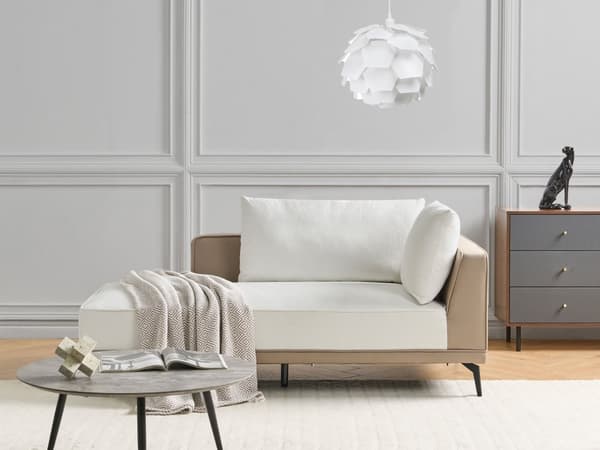 Hjørnesofa venstre brudt hvid beige grå polyester øko læder stålben hynder stue opholdsrum