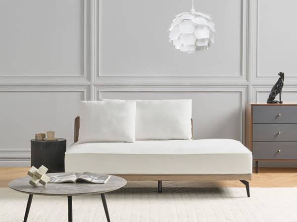 Hjørnesofa venstre brudt hvid beige grå polyester øko læder stålben hynder stue opholdsrum