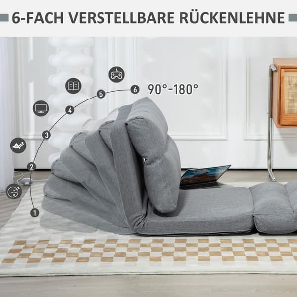 Rootz Floor Chair - Hvileseng Seng - Justerbart ryglæn - Stofbetræk - 70cm x 41cm x 56cm - Grå - Imiteret linned - Metalramme