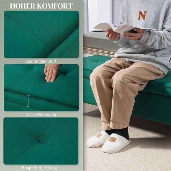 Rootz Green Velvet Storage Sängbänk - Entrébänk - Klädd bänk - Knäppt tuftad design - Guldben - 120 cm x 44 cm x 44,5 cm