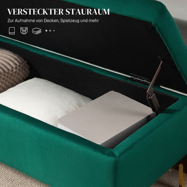 Rootz Green Velvet Storage Sängbänk - Entrébänk - Klädd bänk - Knäppt tuftad design - Guldben - 120 cm x 44 cm x 44,5 cm