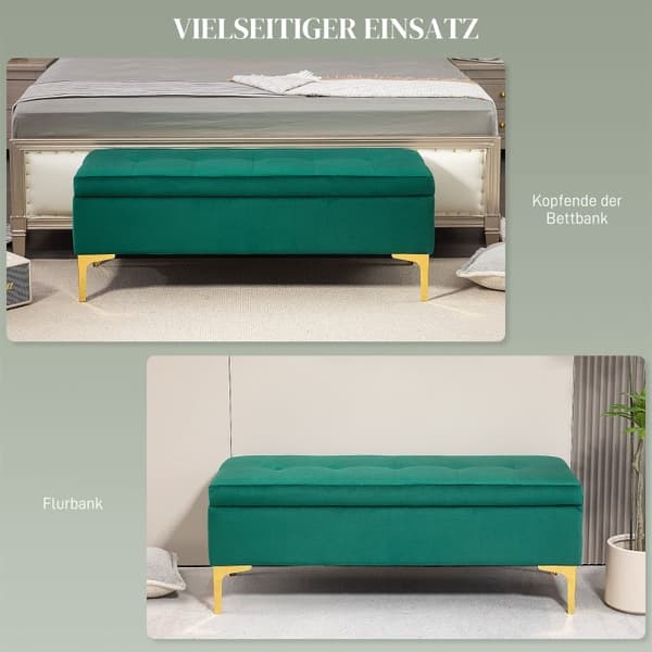 Rootz Green Velvet Storage Sängbänk - Entrébänk - Klädd bänk - Knäppt tuftad design - Guldben - 120 cm x 44 cm x 44,5 cm