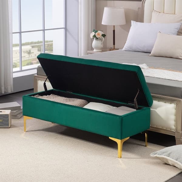 Rootz Green Velvet Storage Sängbänk - Entrébänk - Klädd bänk - Knäppt tuftad design - Guldben - 120 cm x 44 cm x 44,5 cm