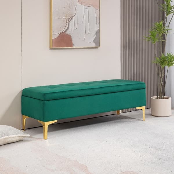 Rootz Green Velvet Storage Sängbänk - Entrébänk - Klädd bänk - Knäppt tuftad design - Guldben - 120 cm x 44 cm x 44,5 cm
