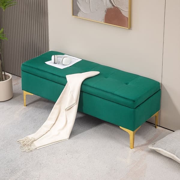 Rootz Green Velvet Storage Sängbänk - Entrébänk - Klädd bänk - Knäppt tuftad design - Guldben - 120 cm x 44 cm x 44,5 cm
