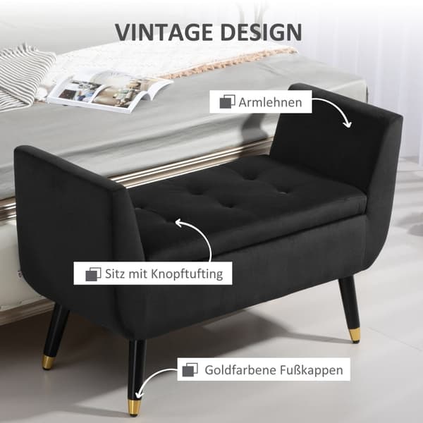Rootz Velvet Penkki - Tummanharmaa - Säilytyspenkki - Vintage Design - Kapenevat kultaiset jalat - Hengittävä polyesteri - 107cm x 42cm x 65cm