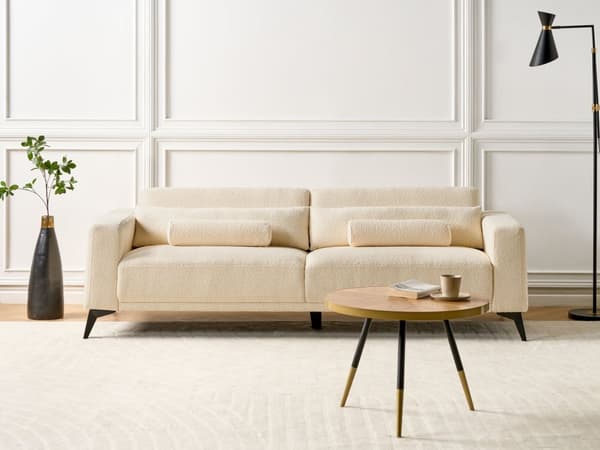 Sofa Off-white Bouclé 3-seter Ryggstøtte med justerbar høyde Ekstra puter Metallben Moderne design Stue