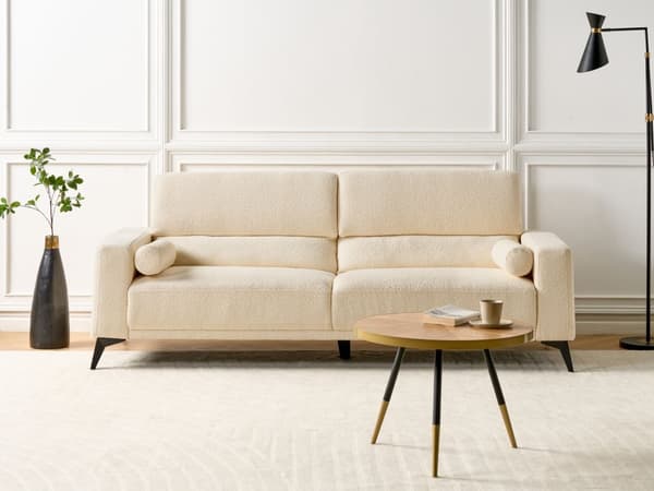 Sofa Off-white Bouclé 3-seter Ryggstøtte med justerbar høyde Ekstra puter Metallben Moderne design Stue