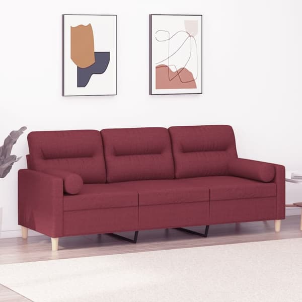 3-sitssoffa med prydnadskuddar vinröd 180 cm Tyg