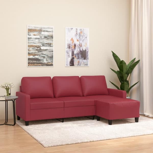 3-sitssoffa med fotpall vinröd 180 cm konstläder