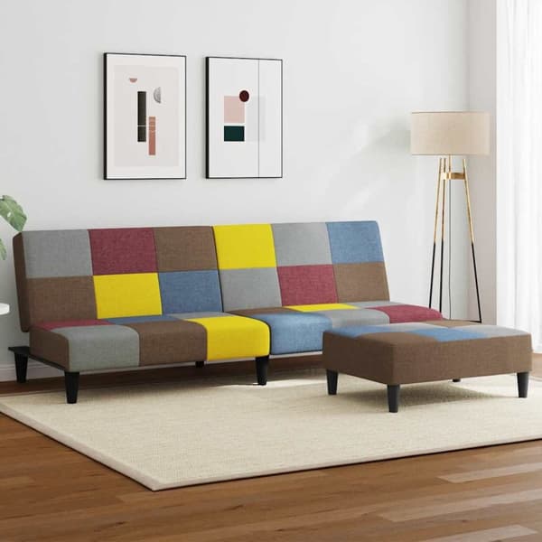 Bäddsoffa 2-sits med fotpall lappad tyg