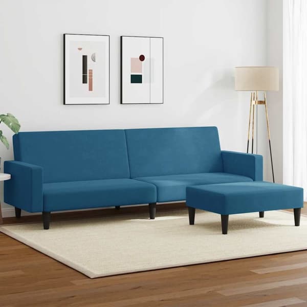 Bäddsoffa 2-sits med fotpall blå sammet