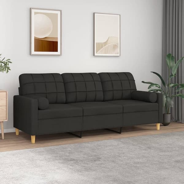 3-sitssoffa med prydnadskuddar svart 180 cm tyg